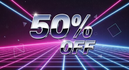Retro Style 50 Percent Off Promotion Design, 80s Style Sale Advertisement With Neon Grid and Lasers