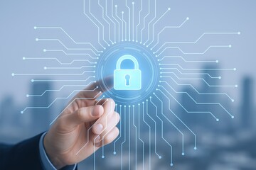 Digital Security Concept: Hand Touching Padlock Icon with Circuit Board and Cityscape Background