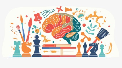 Creative brain concept with art, chess, and knowledge for innovation and problem-solving