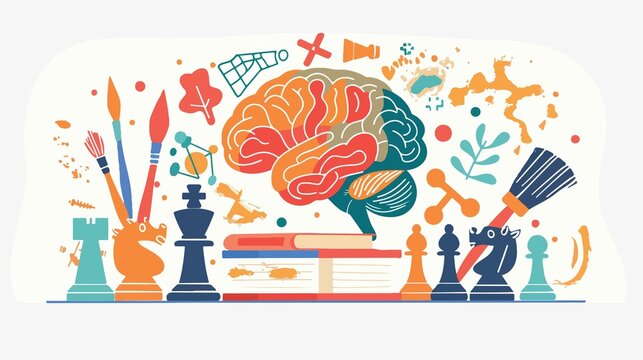 Creative brain concept with art, chess, and knowledge for innovation and problem-solving