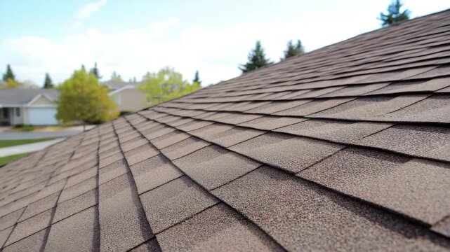Brown asphalt shingle roof on residential house with outdoor construction showing detailed texture and pattern under clear and partly cloudy sky in calm suburban setting