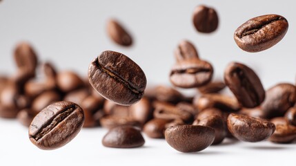 Naklejka premium Freshly roasted coffee beans in mid-air, showcasing their rich color and texture, perfect for coffee lovers and enthusiasts.