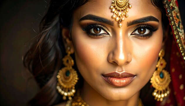 Close-up portrait of a woman with elaborate traditional Indian makeup and jewelry
