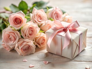 Beautiful pink roses bouquet with gift box on a wooden table for celebration