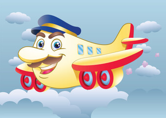 illustration of a male airplane mascot wear pilot hat flying on sky background