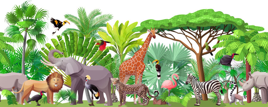 vector cartoon animals and plants isolated on transparent background. Seamless pattern 