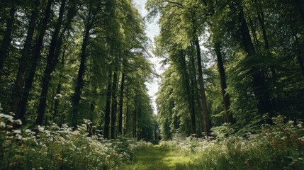 Obraz premium Lush Green Forest Path: Scenic Woodland View with Sunlight and Wildflowers, Perfect for Nature and Travel