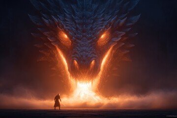 A warrior stands before a colossal dragon.