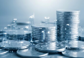 Stacks of silver coins with glowing digital network connections