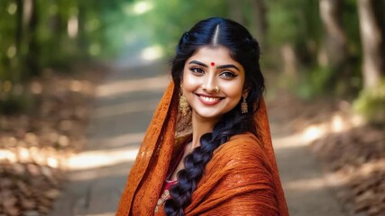 A beautiful woman in traditional attire smiling and posing elegantly outdoors. The woman has a long braided hairstyle and is wearing a colorful headscarf. She exudes grace and serenity.