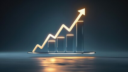 A glowing upward arrow indicates a positive financial trend, rising above histogram bars, symbolizing success and growth in a dark contemporary setting.