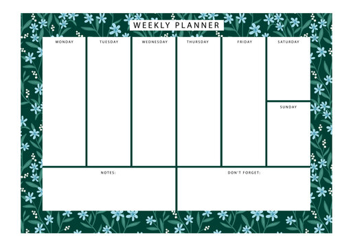 weekly planner with blue flowers ornament in green