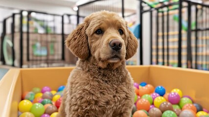 Colorful Ball Pit Fun for Dogs and Puppies at Vibrant Pet Hotel Accommodation, Creating Joyful Experiences for Furry Friends in Playful Indoor Environment