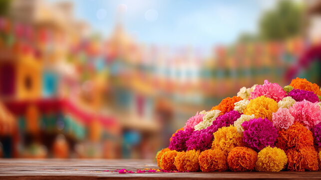 Bathukamma Festival, close-up of floral Bathukamma arrangement with soft-focus village background