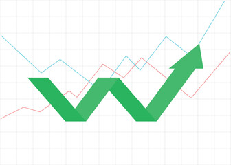 red arrow graph in zig zag pattern rising up followed by two lines graph with grid background show a positive report, profit, success and growth
