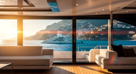 Fototapeta premium Luxurious Yacht Interior with Panoramic Ocean Mountain View