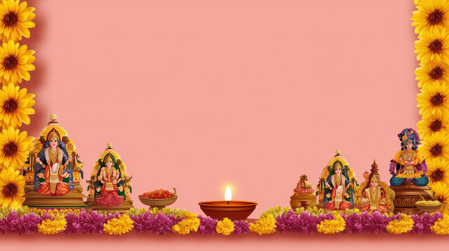 Bommai Kolu, depiction of kolu dolls, flower garlands, and diya in foreground
