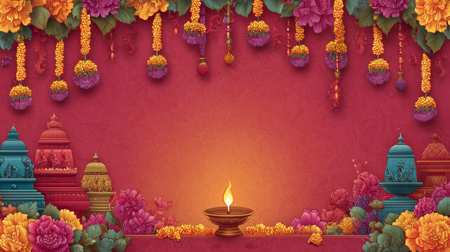 Bommai Kolu, depiction of kolu dolls, flower garlands, and diya in foreground