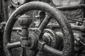 Close-up of an aged, heavy metal steering wheel.  Aged, intricate details on the wheel,  with visible metal parts