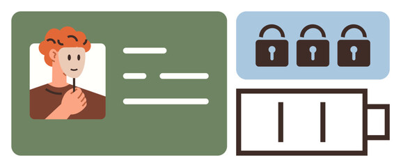 Identity card with profile photo, locks symbolizing security, and low battery icon. Ideal for identity, access, security, technology, privacy data protection and limited resources. Simple flat