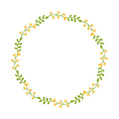 Round floral frame with small yellow flowers and green leaves. Cute decorative botanical wreath in simple flat style. Vector border for invitations, cards, posters, scrapbooking.