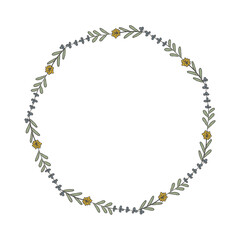Naklejka premium Round botanical vintage frame with lavender and yellow flowers. Hand drawn floral wreath with green leaves in rustic minimal style. Decorative cottagecore border for invitations, wedding, cards.