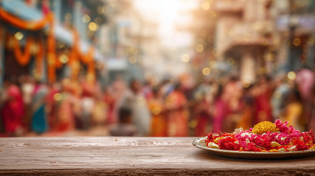 Kumari Puja, close-up of flower garland and vermilion plate, blurred festive crowd background