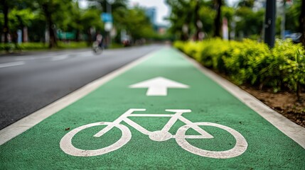 Obraz premium Designated Green Bicycle Lane for Cyclists with Arrow Symbol in City Park, Promoting Healthy Lifestyle