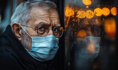 Sad elderly man in a face mask, looking through a window, reflecting a moment of isolation and contemplation, Generative AI