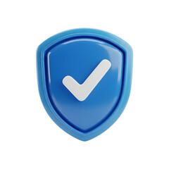 3d a blue shield with a white check mark in the center on transparent background