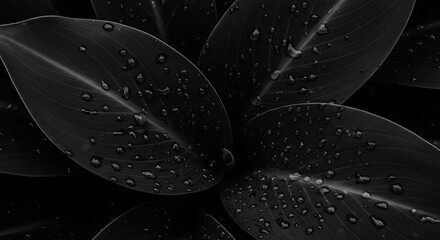 Close up of dark glossy leaves covered in raindrops creating a striking natural pattern