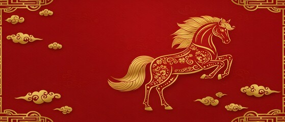 luxury red and gold chinese horse new year background, 2026 new year with copy space for text, a dynamic pose against a vibrant red background. The horse is adorned with intricate golden patterns.