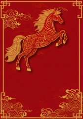 luxury red and gold chinese horse new year background, 2026 new year with copy space for text, a dynamic pose against a vibrant red background. The horse is adorned with intricate golden patterns. 