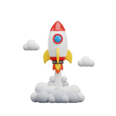 3d cartoon rocket taking off with clouds isolated on transparent background