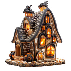 Gingerbread Halloween House with Spooky Decor and Illuminated Windows on Transparent Background