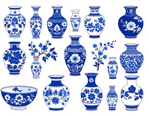 Collection of decorative blue and white vases and bowls