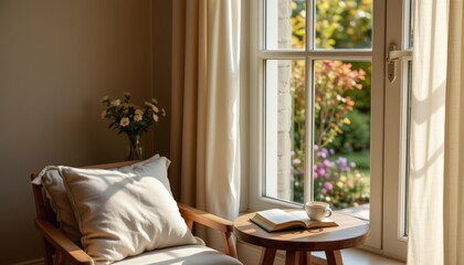 A cozy reading corner by a large window with sheer curtains, natural daylight casting soft glow