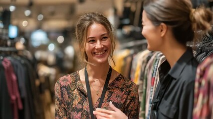 A retail sales assistant helps a customer who is a lady shopping in a contemporary apparel store.