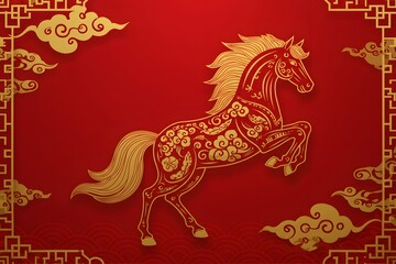 a dynamic pose against a vibrant red background. The horse is adorned with intricate golden patterns. luxury red and gold Chinese horse new year background, 2026 new year with copy space for text,