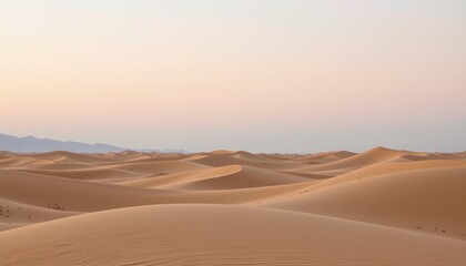 A desert scene with soft golden sand dunes under pastel evening sky, gentle shadows