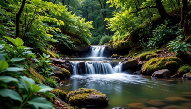A small waterfall in a lush green forest, slow shutter effect creating smooth flowing water