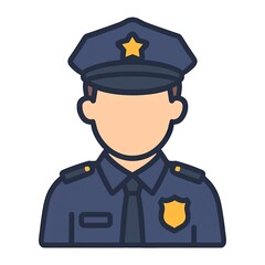 Flat cartoon-style police officer icon showing a law enforcement officer in a navy blue uniform with cap and badge, on a white background. Ideal for security themes, law enforcement illustrations