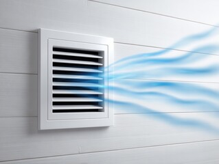 Obraz premium White ventilation grill on white wooden wall, blowing cool air visualized by blue streams.