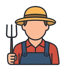 Flat cartoon-style farmer icon featuring an agriculture worker wearing a straw hat and overalls, holding a pitchfork, on a white background. Perfect for agricultural themes, farming illustrations
