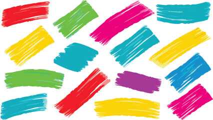 Abstract background with multiple colorful brush stroke shapes scattered across a white surface design element