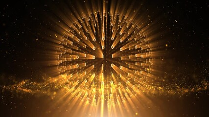 Glowing gold computer binary numbers sphere on loop golden flickering particles animation background.