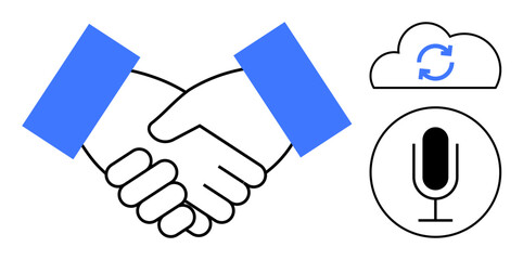 Handshake symbolizing partnership beside cloud sync and microphone icons for tech integration, collaboration, and engagement. Ideal for business, communication, negotiation, technology, teamwork