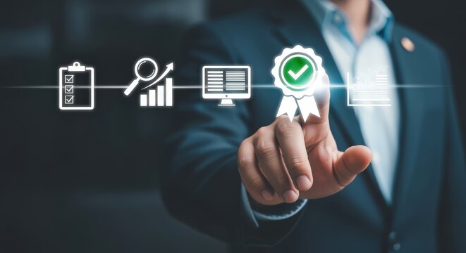 Quality Assurance Concept: Businessman Touching Digital Screen with Green Check Mark for Certification