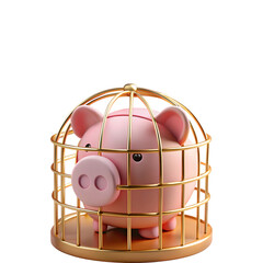 Pink piggy bank trapped inside a golden cage isolated on transparent background