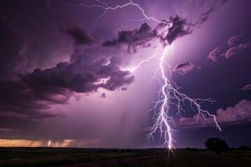 Powerful lightning strike illuminating a stormy purple sky over a dark landscape